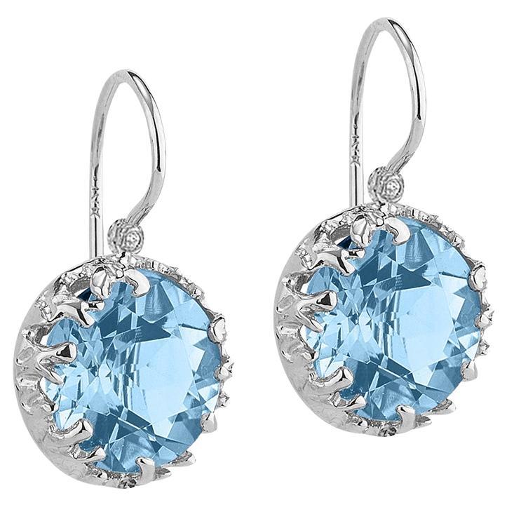 Handcrafted 14k White Gold 0.03 Carat Tw, Drop Blue Topaz Color Stone Earrings For Sale