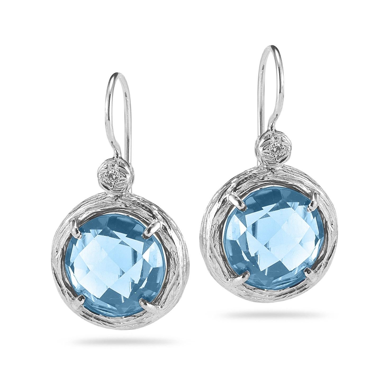 14 Karat White Gold Hand-Crafted Polish-Finished Drop Earrings, Set with 10mm Checkerboard Round Blue Topaz Semi-Precious Color Stones, and Accented with 0.03 Carats of Bezel Set Diamonds. Gemstone TCW: 6CT
