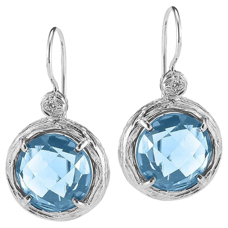 Boucles d'oreilles en or blanc 14 carats et pierres de couleur topaze bleue, faites à la main