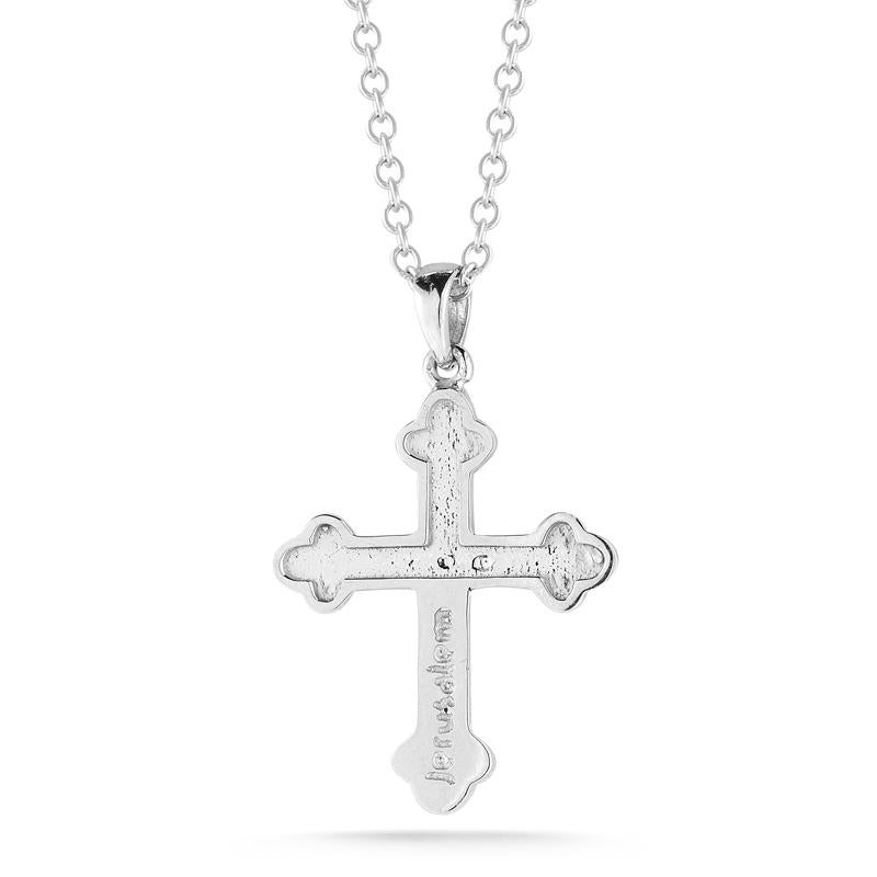 14 Karat White Gold Hand-Crafted Polish-Finished Diamond Cross Pendant, Engraved with the 