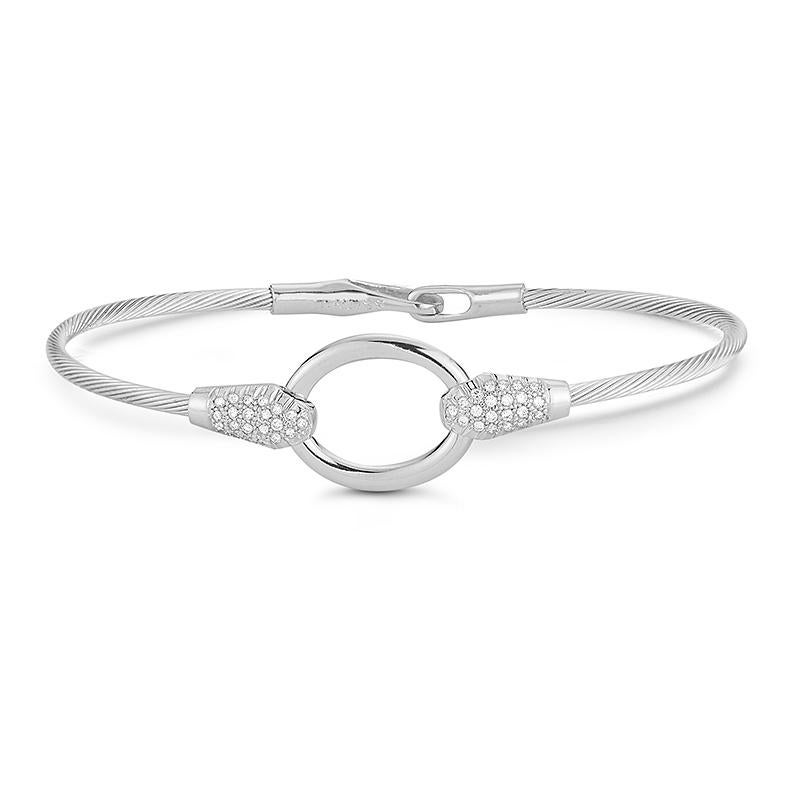 14 Karat White Gold Hand-Crafted Polish-Finished Wire Bracelet, Set with an Open Circle Motif and Accented with 0.28 Carat Diamonds.
