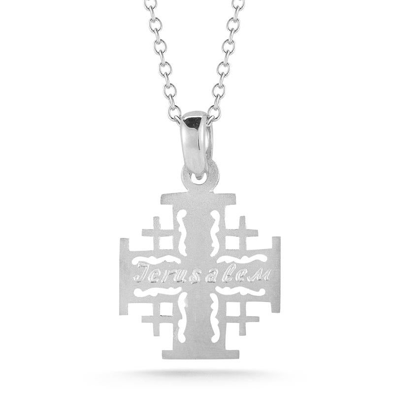 14 Karat White Gold Hand-Crafted Matte-Finished 19mm Jerusalem Cross Pendant, Engraved with the 