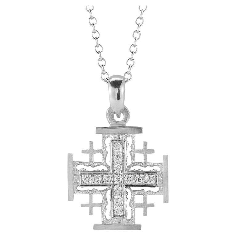 Handgefertigter 14K Weißgold Jerusalem Kreuz-Anhänger