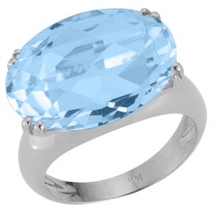 Hand-Crafted 14K White Gold Oval-Shaped Blue Topaz Cocktail Ring