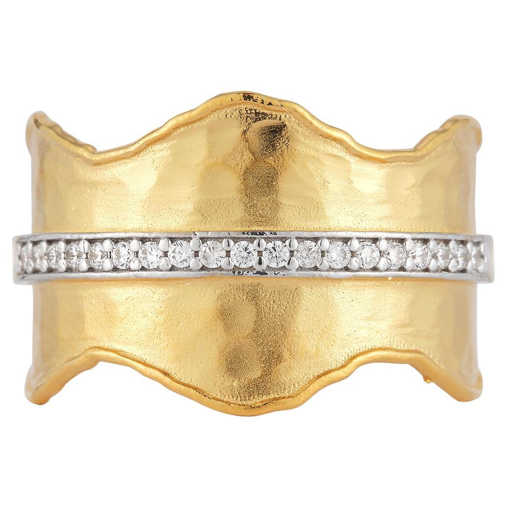 For Sale:  Handcrafted 14k Yellow Gold 0.12cttw Hammered Cuff Ring