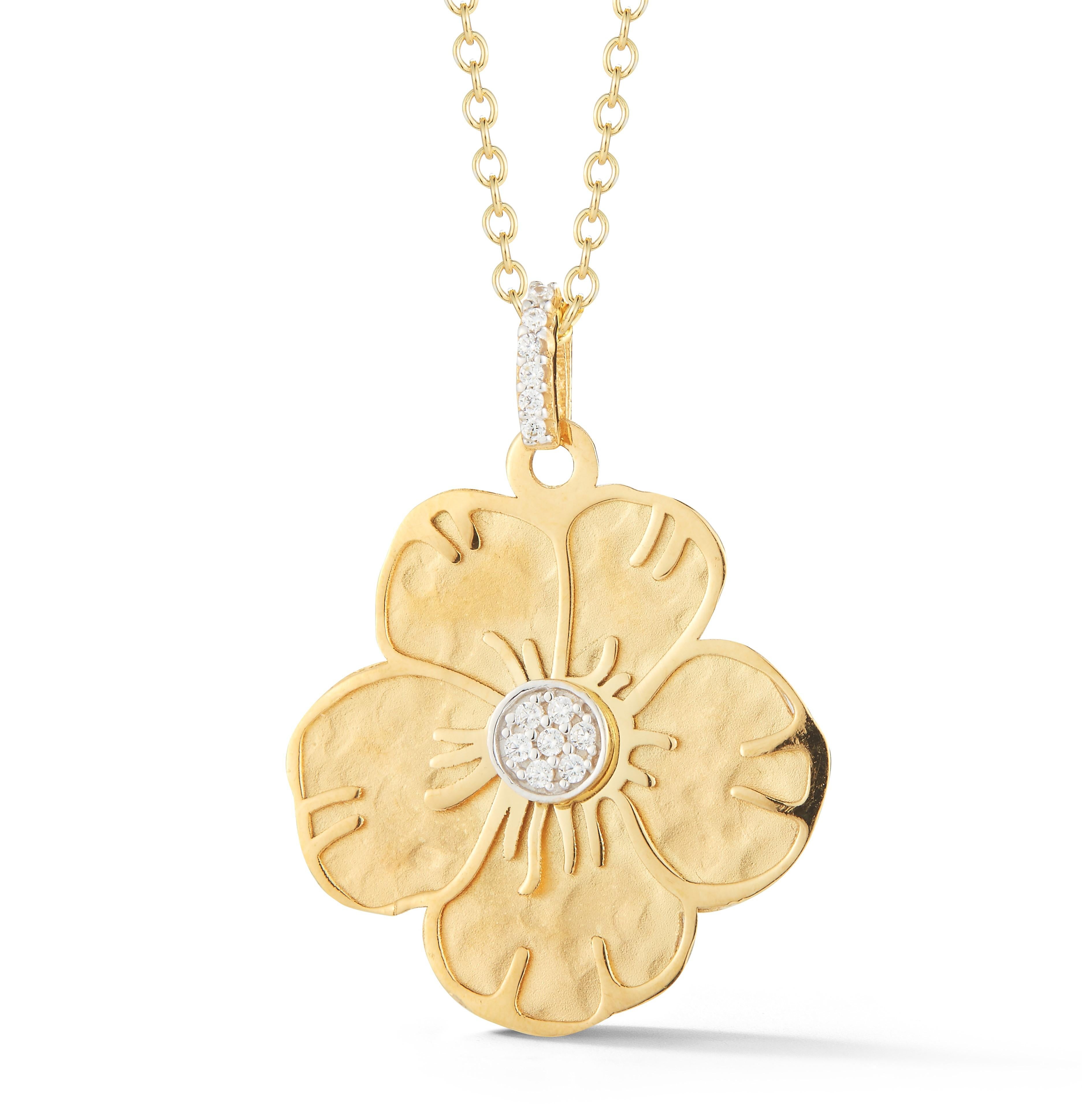 Pendentif fleur en or jaune 14K travaillé à la main Neuf - En vente à Great Neck, NY