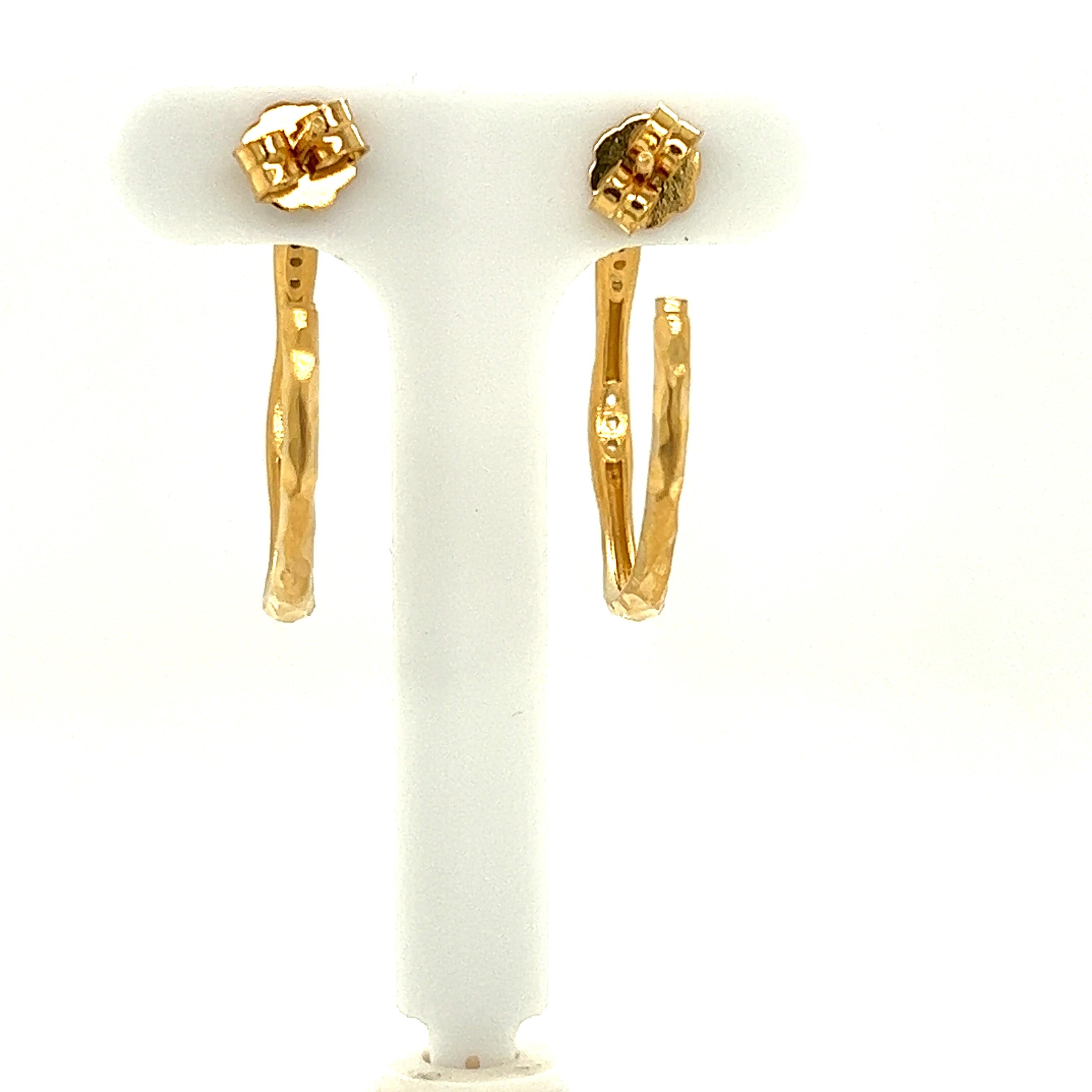Round Cut Hand-Crafted 14K Yellow Gold Hammered Hoop Earrings, Accented with Diamonds For Sale