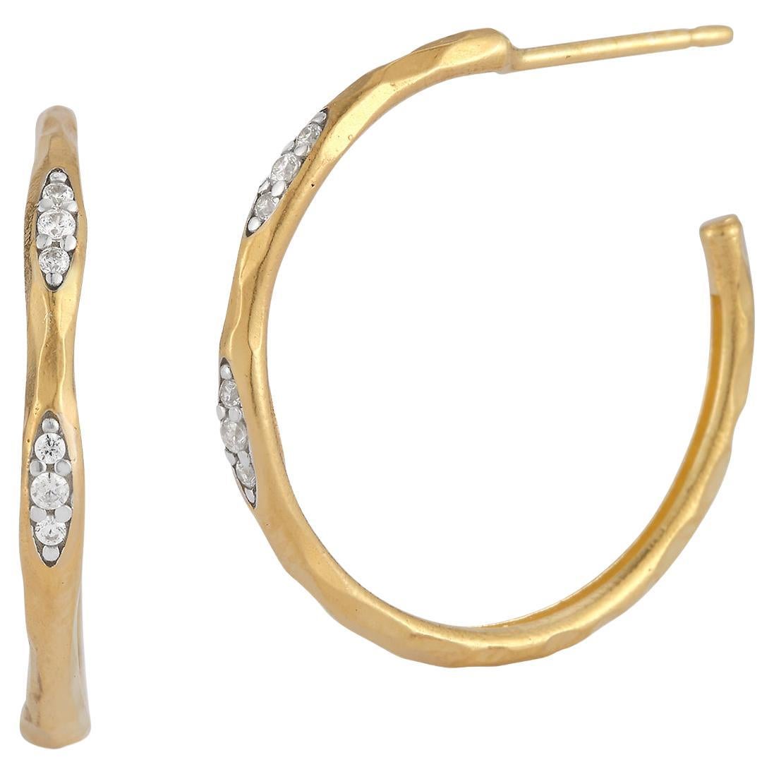 Hand-Crafted 14K Yellow Gold Hammered Hoop Earrings, Accented with Diamonds For Sale