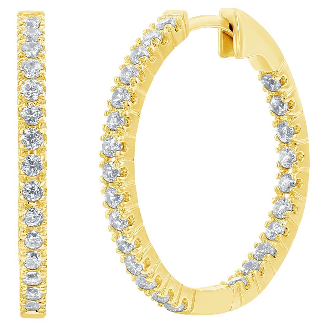 Créoles d'éternité en or jaune 14 carats avec diamants, faites à la main, intérieur et extérieur
