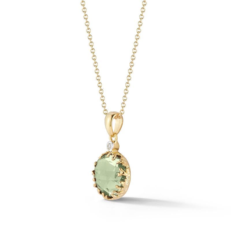 14 Karat Yellow Gold Hand-Crafted Polish-Finished Pendant, Centered with a 10mm Round Checkerboard -Cut 3.25CT Green Amethyst Semi-Precious Color Stone, Accented with 0.015 Carats of a Bezel Set Diamond, and Sliding on a 16