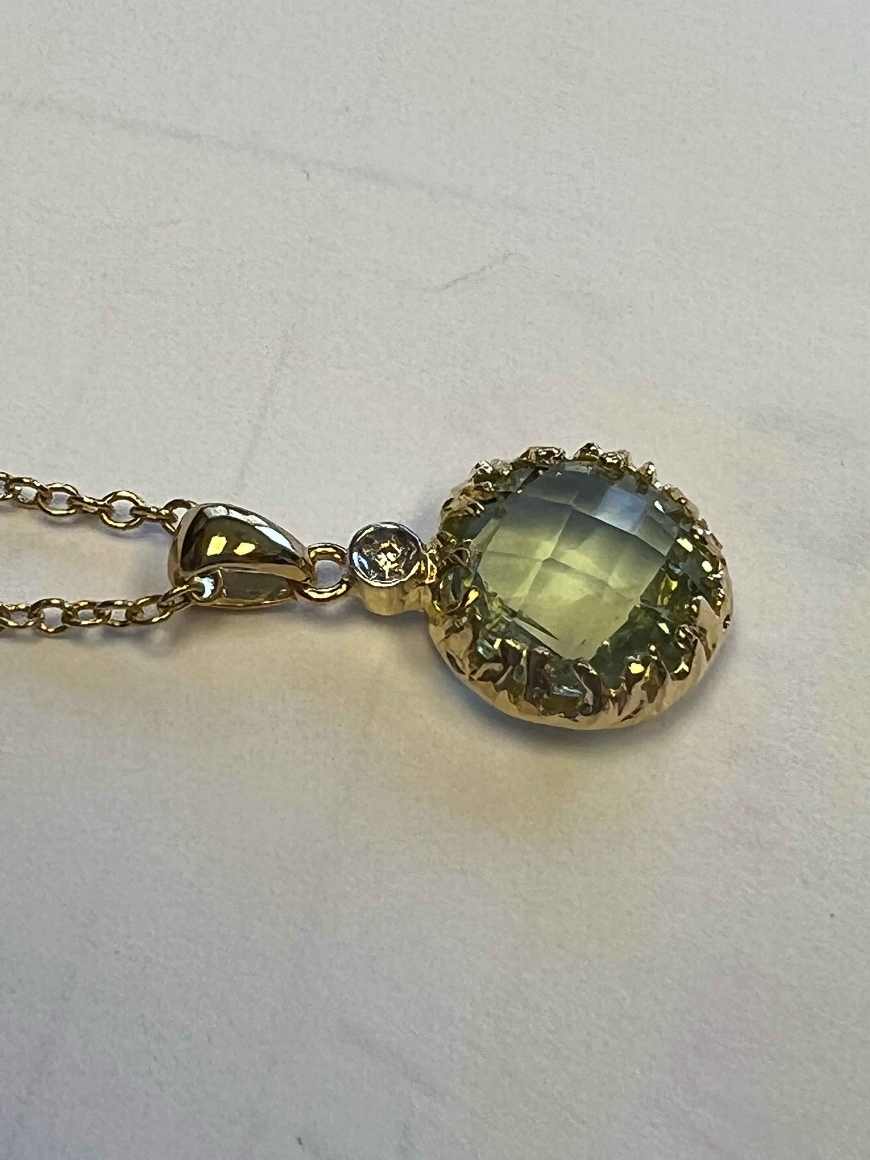 Handcrafted 14k Yellow Gold 3.25 Carat Green Amethyst Color Stone Pendant In New Condition For Sale In Great Neck, NY