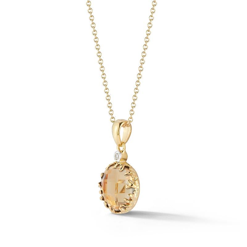 14 Karat Yellow Gold Hand-Crafted Polish-Finished Pendant, Centered with a 10mm Round Checkerboard -Cut 3.35CT Citrine Semi-Precious Color Stone, Accented with 0.015 Carats of a Bezel Set Diamond, and Sliding on a 16