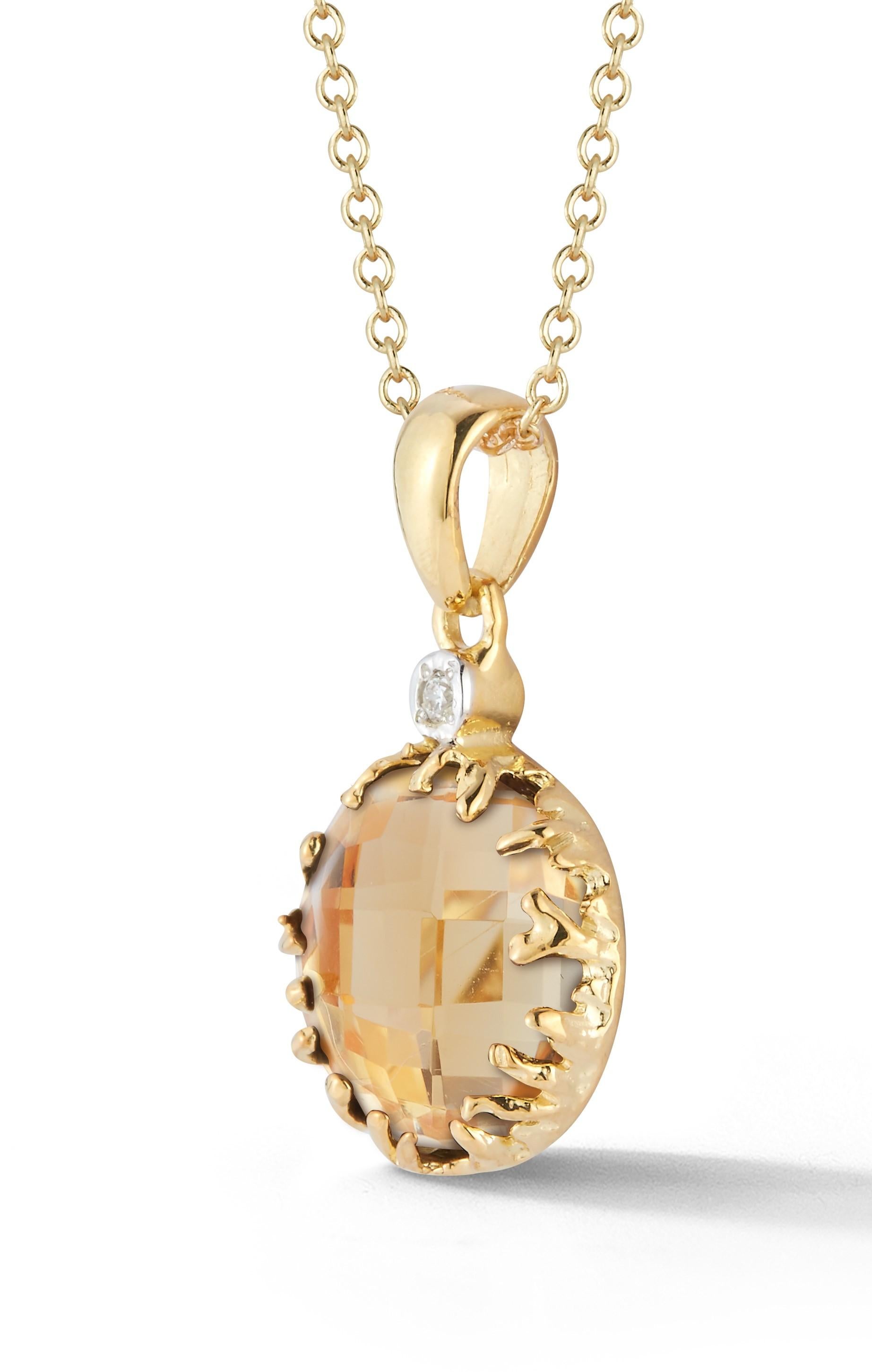 Round Cut Handcrafted 14k Yellow Gold 3.35 Carat Citrine Color Stone Pendant For Sale