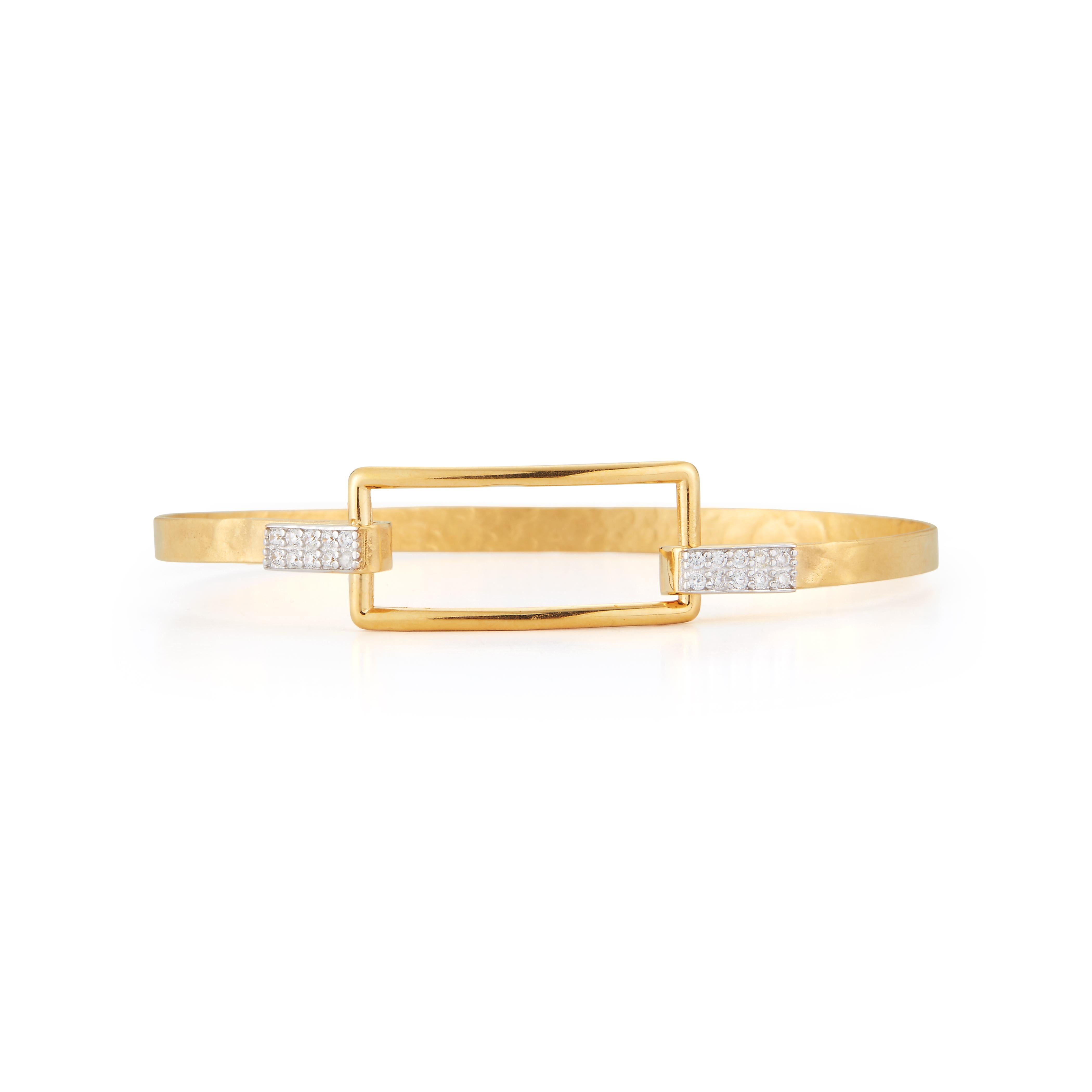 14 Karat Yellow Gold Hand-Crafted Matte and Hammer-Finished 4mm Bangle Bracelet, Set with a Polish-Finished Open Rectangle Motif and 0.16 Carats of Pave Set Diamond Hinges.
