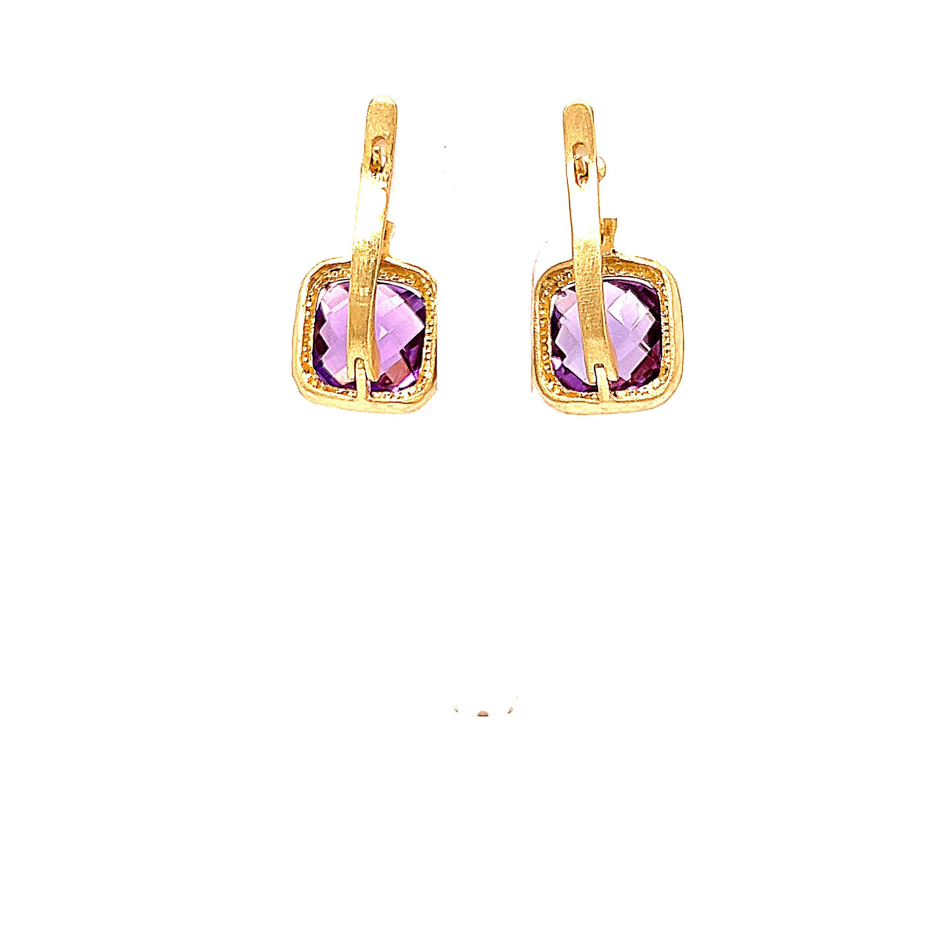 Cushion Cut Hand-Crafted 14K Yellow Gold Amethyst Color Stone Earrings For Sale