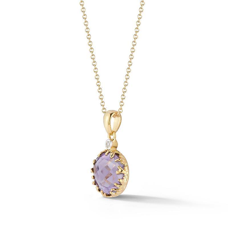 14 Karat Yellow Gold Hand-Crafted Polish-Finished Pendant, Centered with a 10mm Round Checkerboard -Cut 3.25CT Amethyst Semi-Precious Color Stone, Accented with 0.015 Carats of a Bezel Set Diamond, and Sliding on a 16