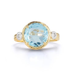 Hand-Crafted 14K Yellow Gold Blue Topaz Color Stone Cocktail Ring