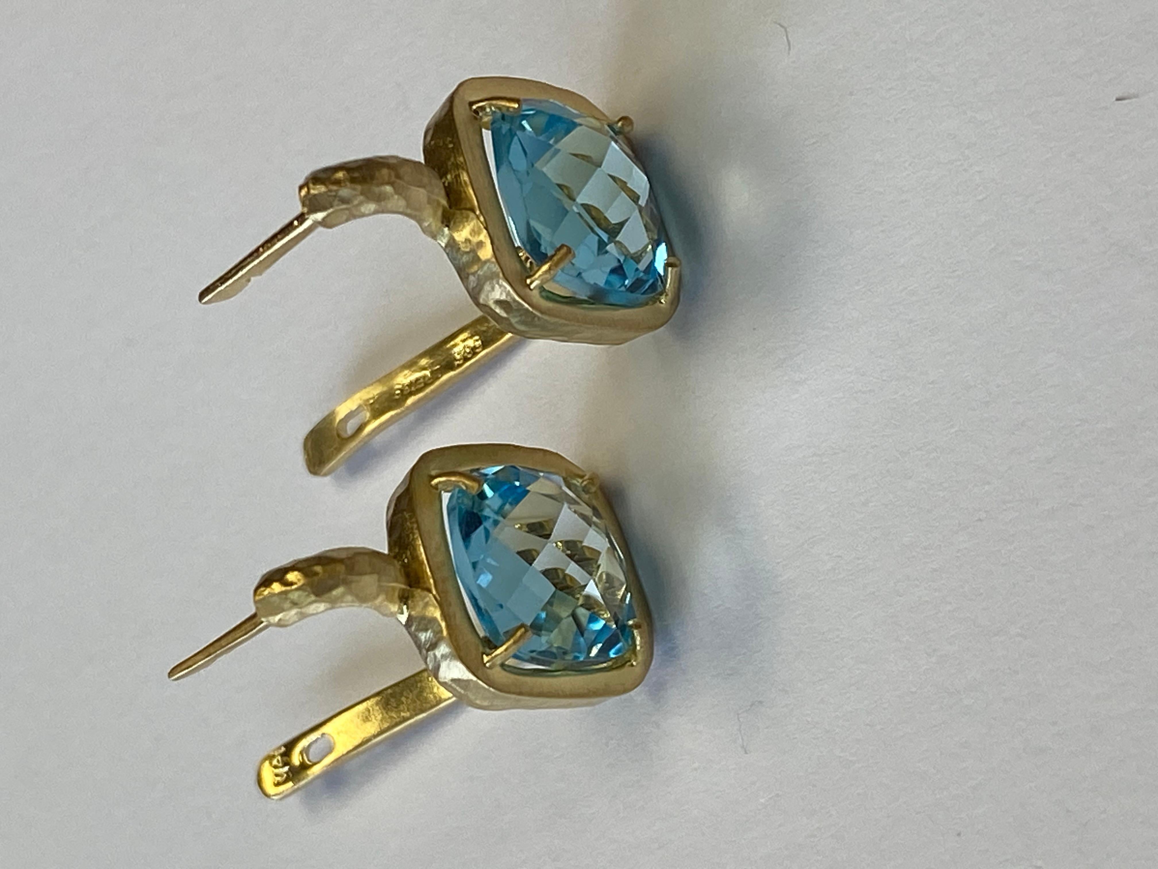 14 Karat Yellow Gold Matte and Hammer-Finished Drop Earrings, Centered with a 10mm 9.5CT Checkerboard Cushion-Cut Blue Topaz Semi-Precious Color Stone
