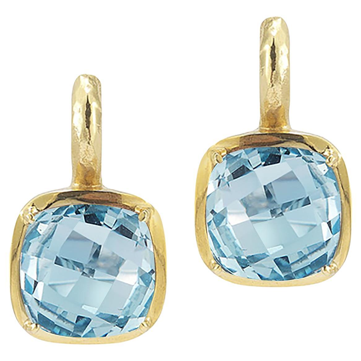 Handcrafted 14k Yellow Gold Blue Topaz Color Stone Earrings For Sale