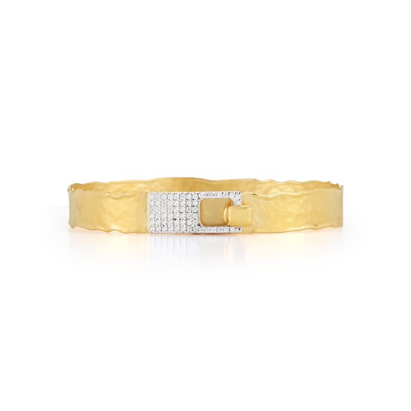 14 Karat Yellow Gold Hand-Crafted Matte and Hammer-Finished 8mm Buckle Cuff Bracelet, Enhanced with 0.40 Carats of Pave Set Diamonds.
