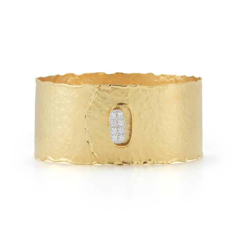 14 Karat Yellow Gold Hand-Crafted Matte and Hammer-Finished Scallop-Edged Button Cuff Bracelet, Accented with 0.44 Carats of a Pave Set Diamonds.
