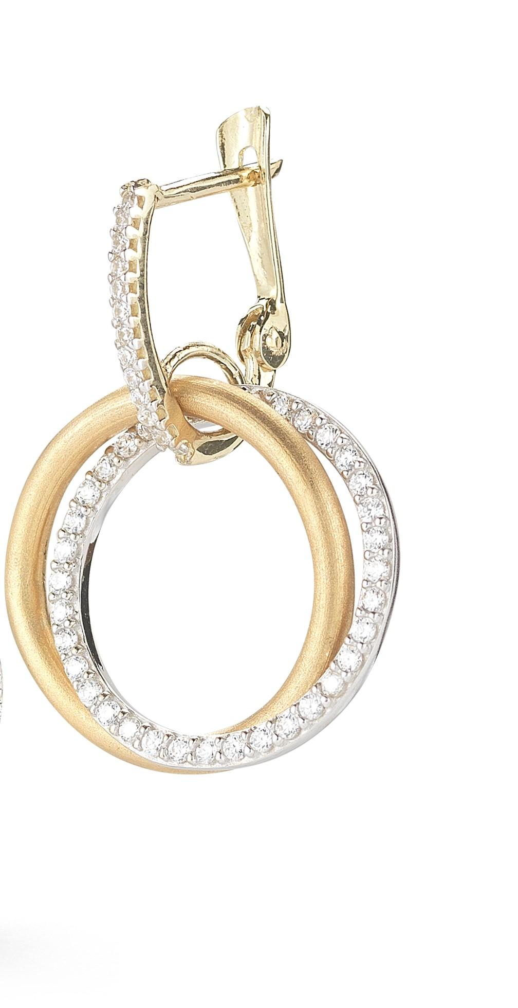 14 Karat Yellow Gold Satin-Finished Interlocking Circle of Love Dangling Earrings, Enhanced with 0.70 Carats of Pave Set Diamonds on a Leverback.
