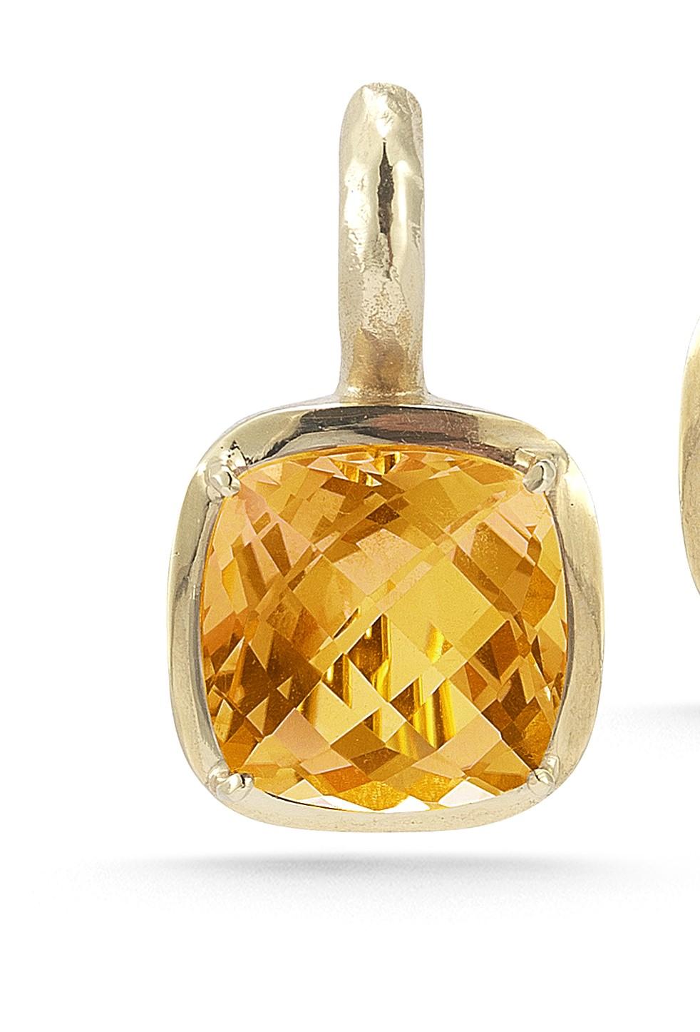 14 Karat Yellow Gold Matte and Hammer-Finished Drop Earrings, Centered with a 10mm 7.0CT Checkerboard Cushion-Cut Citrine Semi-Precious Color Stone.

