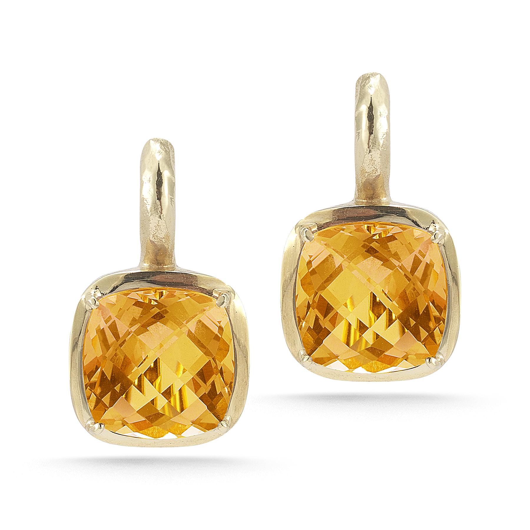 Cushion Cut Handcrafted 14k Yellow Gold Citrine Color Stone Earrings For Sale