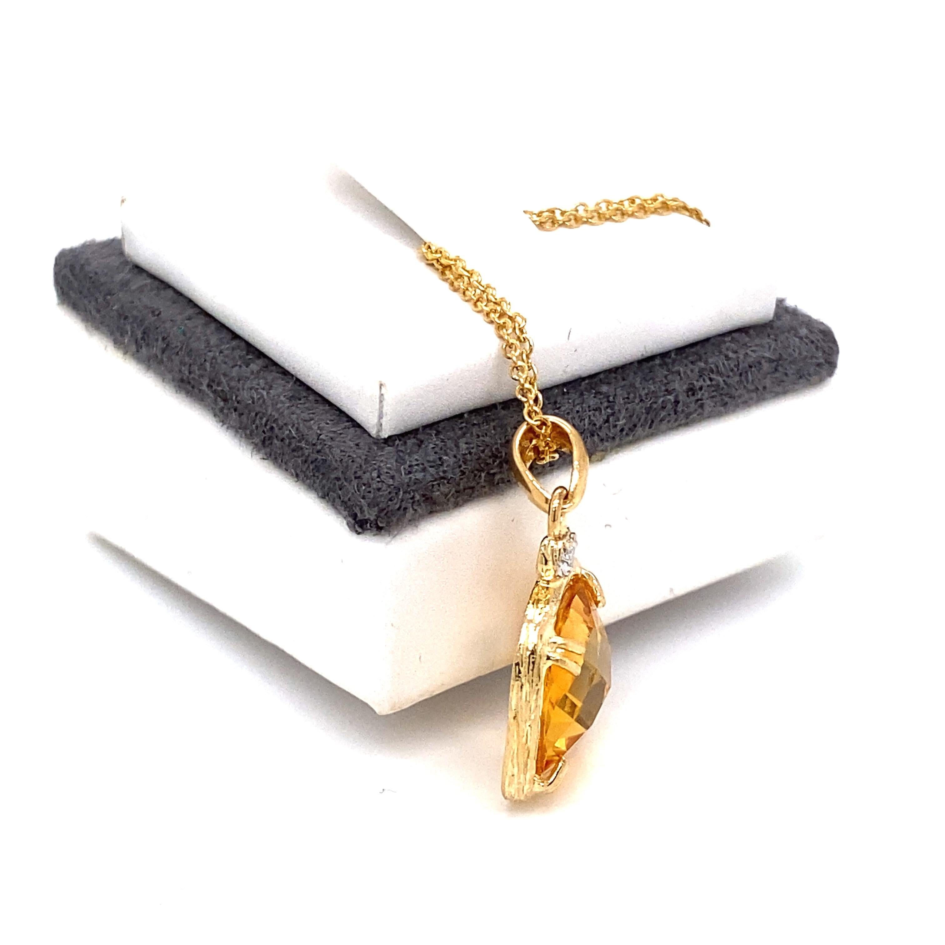 14 Karat Yellow Gold Hand-Crafted Polish and Textured-Finished 10mm Checkerboard Cushion-Cut Citrine Semi-Precious Color Stone Pendant, Accented with 0.02 Carats of a Bezel Set Diamond, Sliding on a 16