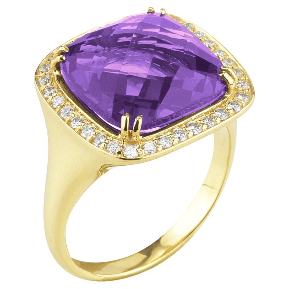 For Sale:  Hand-Crafted 14K Yellow Gold Cocktail Ring Set with an Amethyst Color Stone