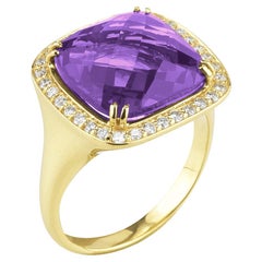Hand-Crafted 14K Yellow Gold Cocktail Ring Set with an Amethyst Color Stone