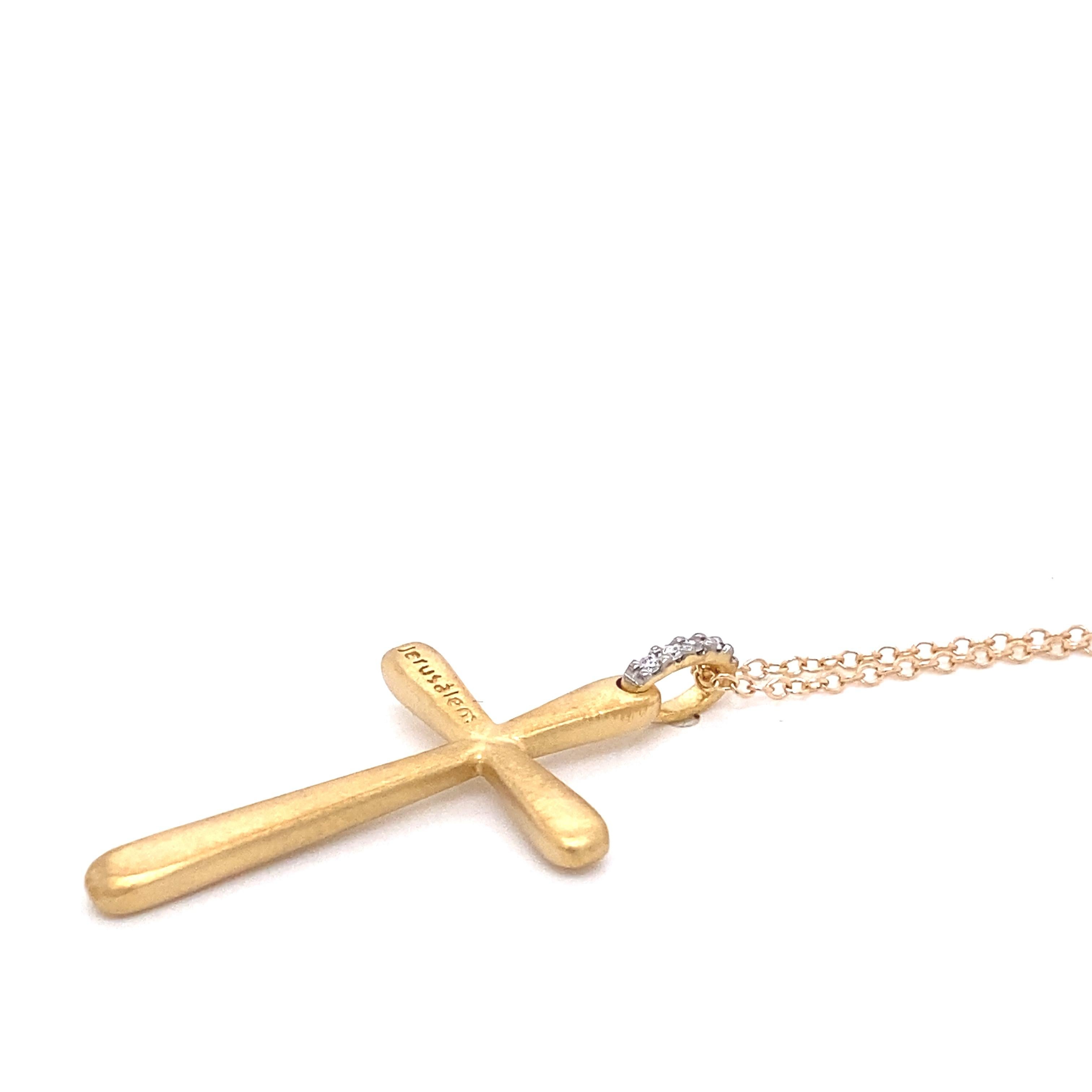 14 Karat Yellow Gold Hand-Crafted Satin-Finished Cross Pendant, Imprinted with the Word 