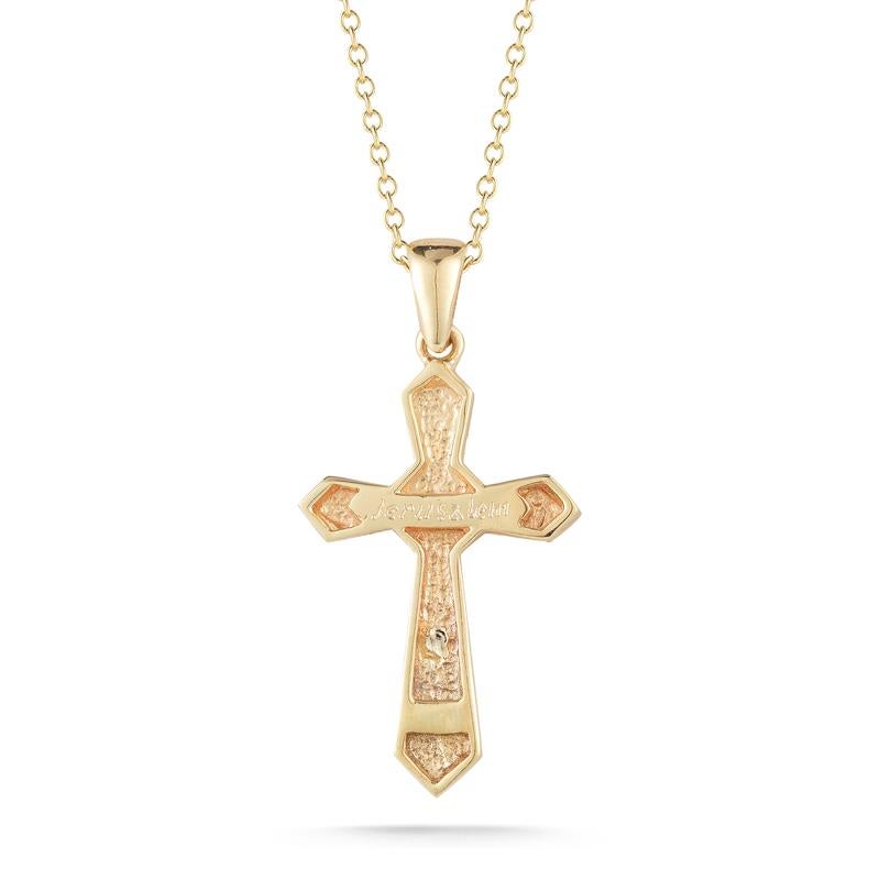 14 Karat Yellow Gold Hand-Crafted Polish-Finished Cross Pendant, Centered with 0.09 Carats of a Pave Set Diamond Cross, Sliding on a 16