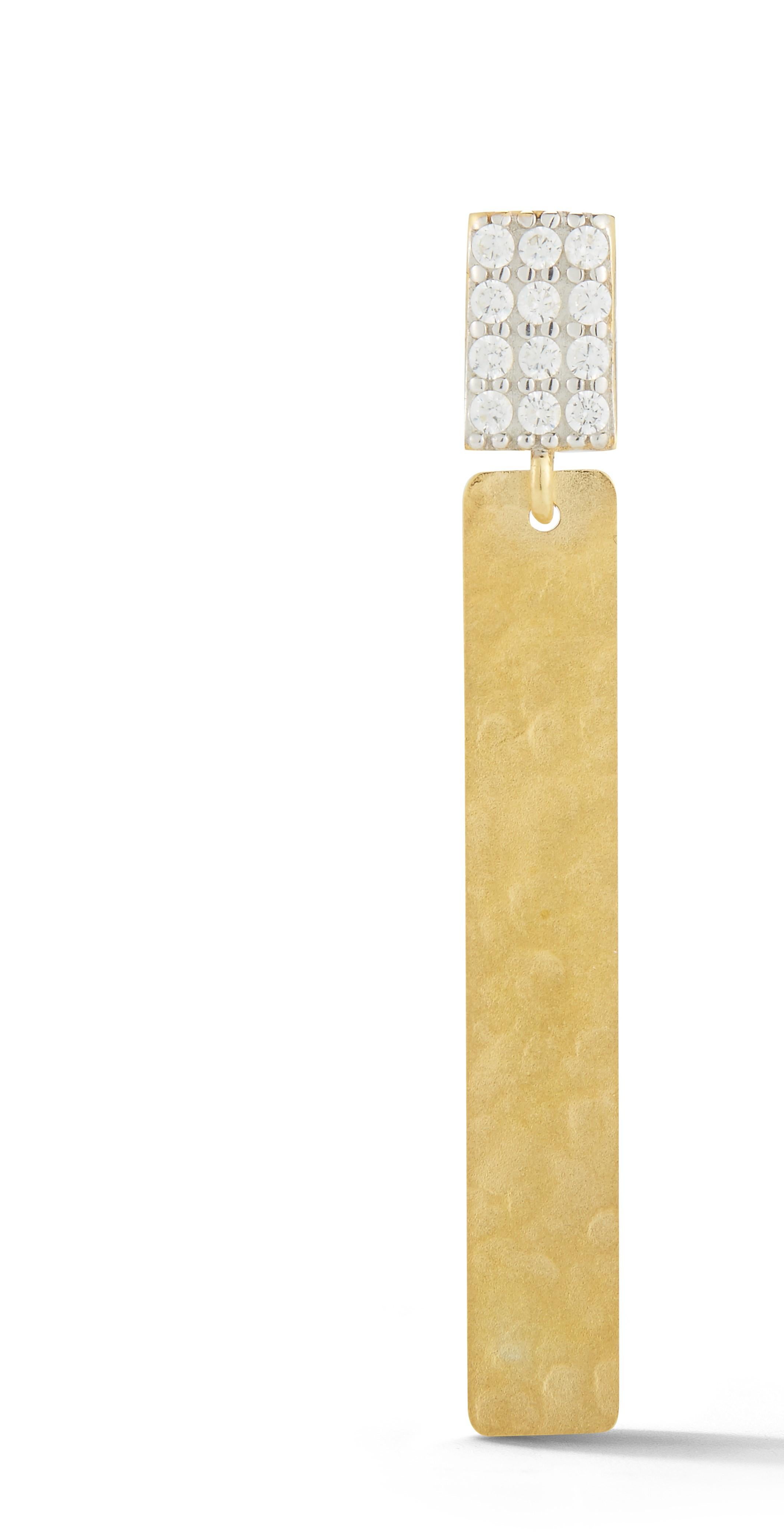 14 Karat Yellow Gold Hand-Crafted Matte and Hammer-Finished Dangling Stick Earrings, Accented with 0.14 Carats of Pave Set Diamonds.
