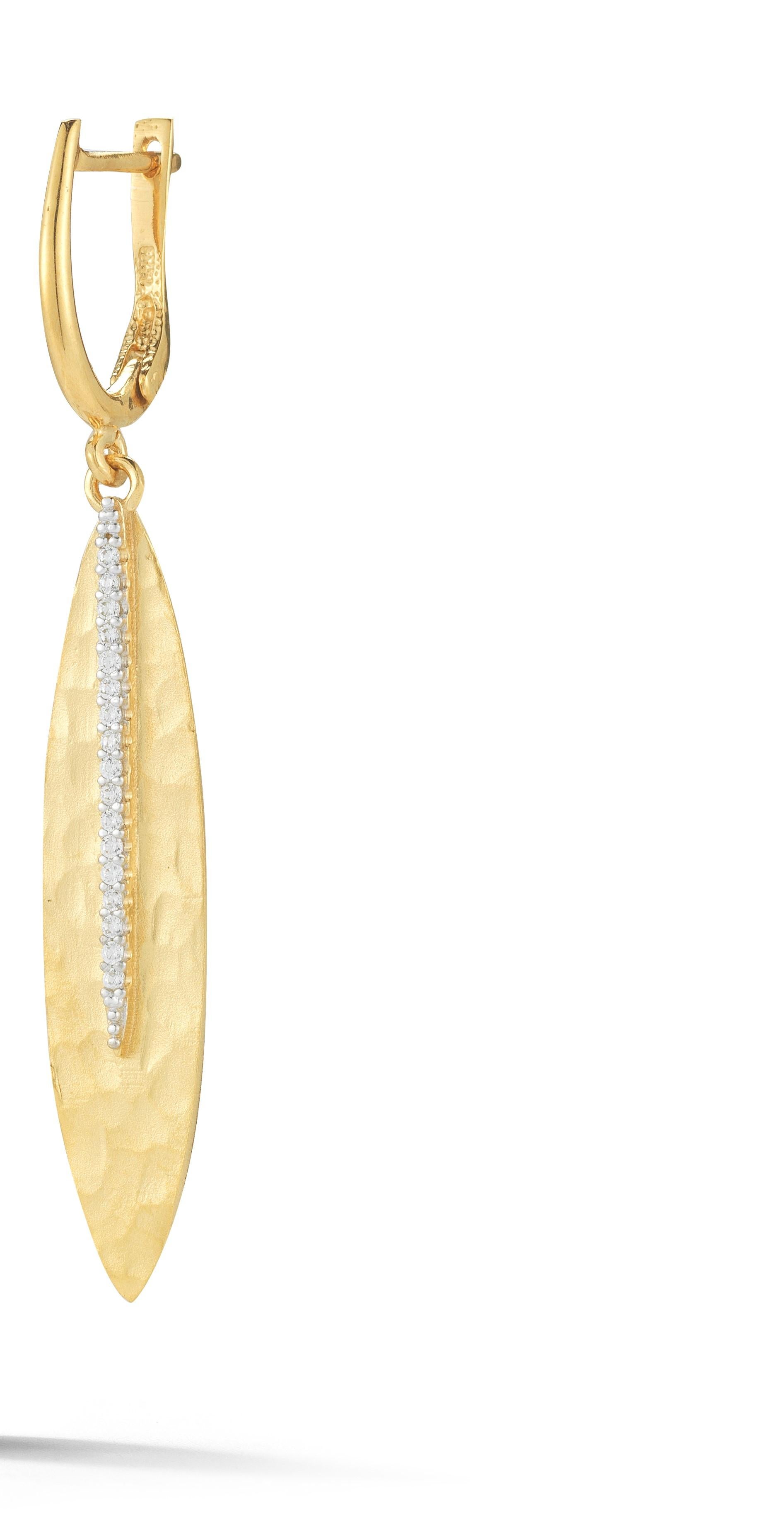 14 Karat Yellow Gold Hand-Crafted Matte and Hammer-Finished Dangling Leaf Earrings, Centered with 0.20 Carats of Pave Set Diamond Veins.
