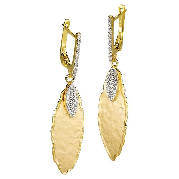 Hand-Crafted 14K Yellow Gold Dangling Leaf Earrings For Sale