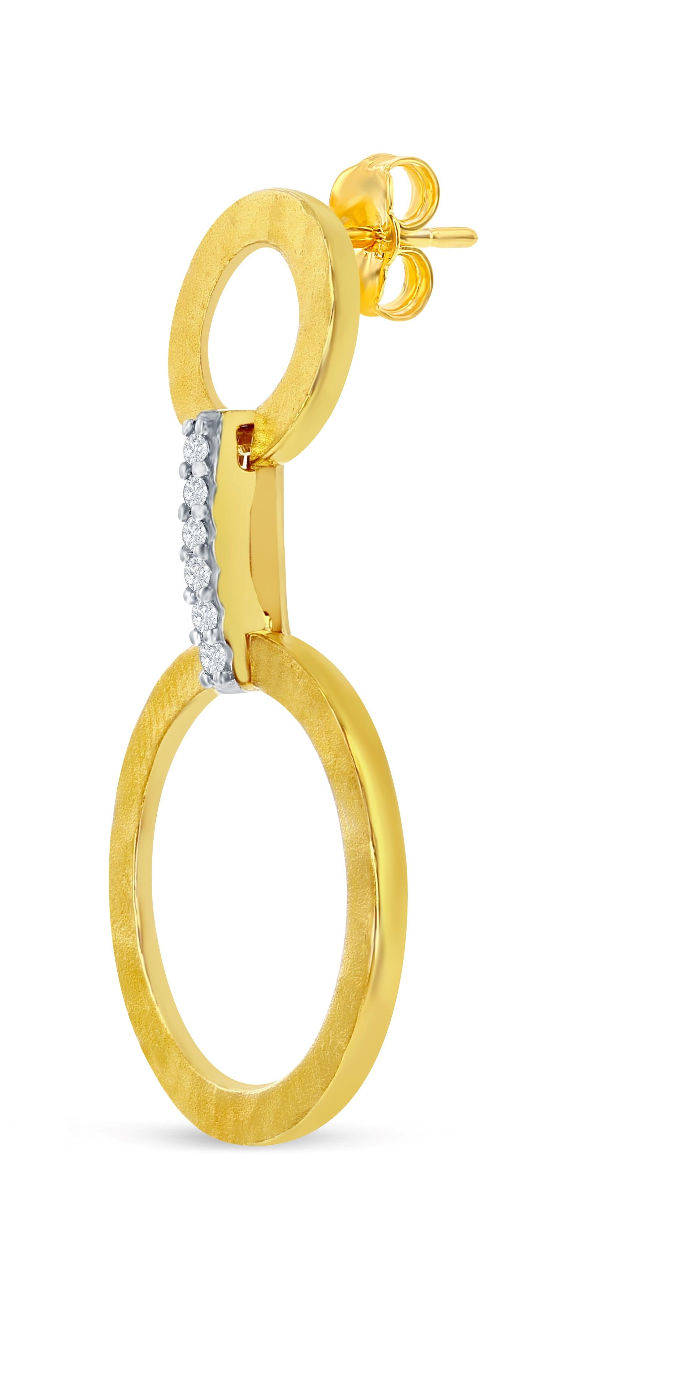 14 Karat Yellow Gold Hand-Crafted Matte and Hammer-Finished Dangling Open Circle Link Earrings, Accented with 0.07 Carats of Pave Set Diamonds.  Push Back Post Closure.
