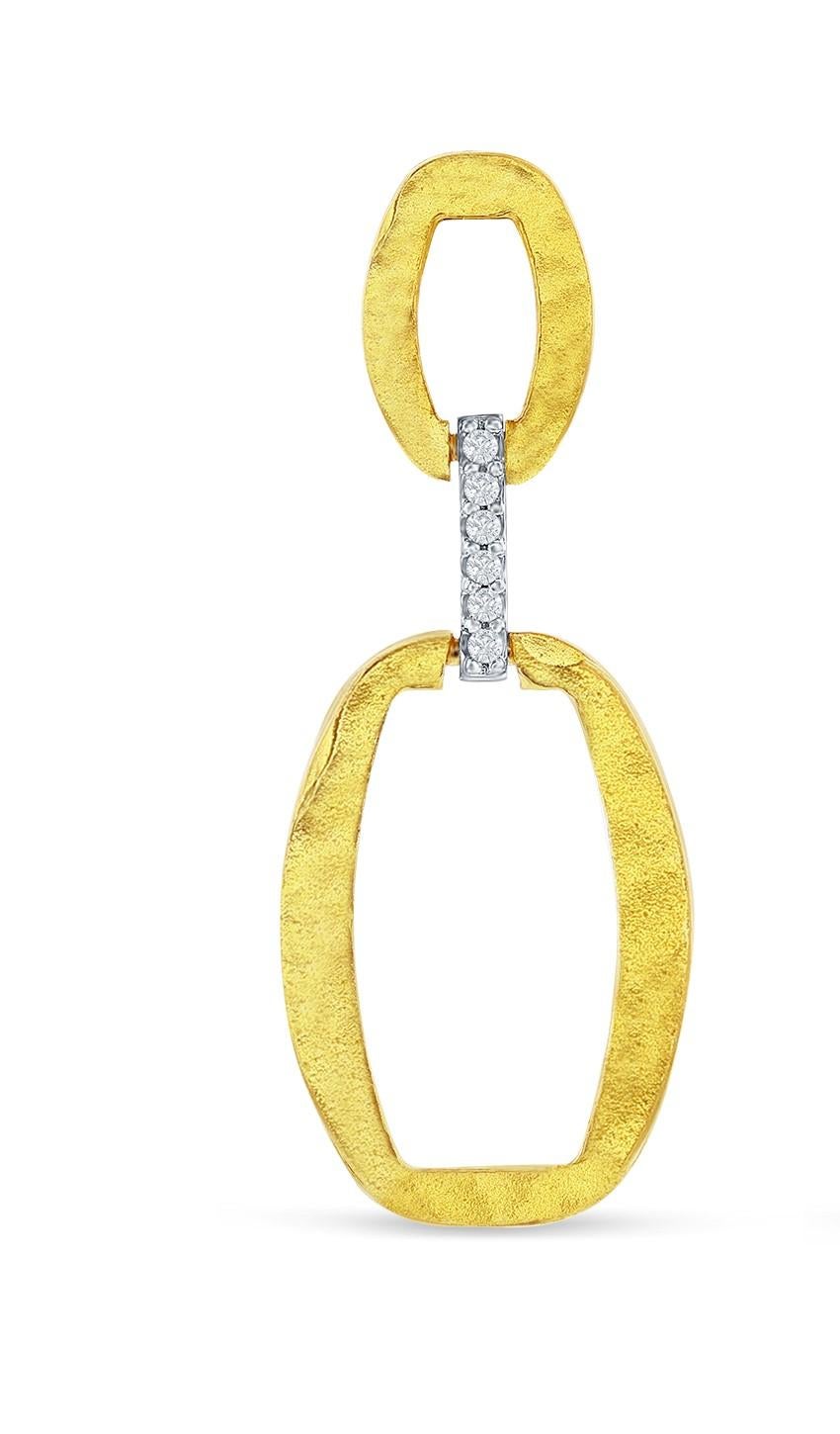 14 Karat Yellow Gold Hand-Crafted Matte and Hammer-Finished Dangling Open Ellipse Link Earrings, Accented with 0.07 Carats of Pave Set Diamonds.  Push Back Post Closure.
