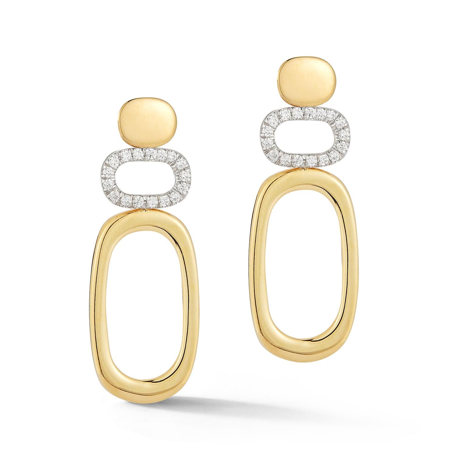 14 Karat Yellow Gold Hand-Crafted High-Polish Finished Dangling Open Geometrical Earrings, Accented with 0.34 Carats of Pave Set Diamonds.  Post with Friction Closure.
