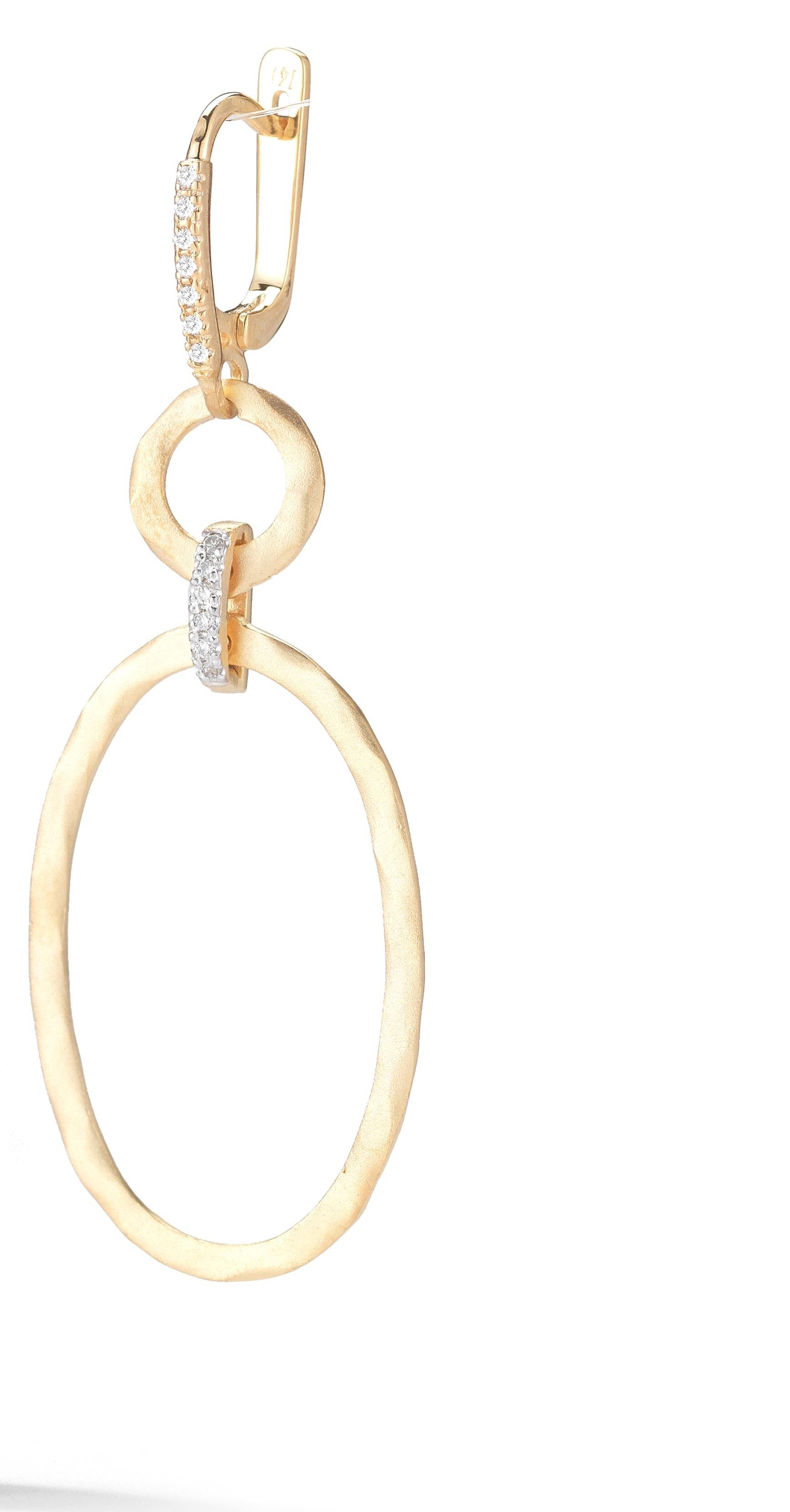 14 Karat Yellow Gold Hand-Crafted Matte and Hammer-Finished Dangling Open Link Oval-Shaped Earrings, Accented with 0.18 Carats of Pave Set Diamonds with Leverback Closure.
