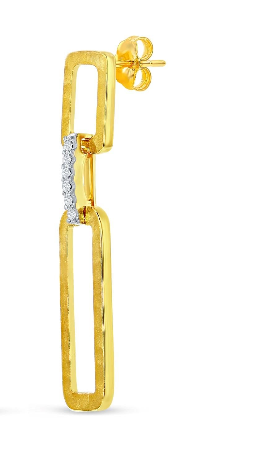 14 Karat Yellow Gold Hand-Crafted Matte and Hammer-Finished Dangling Open Rectangle-Shaped Link Earrings, Accented with 0.07 Carats of Pave Set Diamonds.  Push Back Post Closure.
