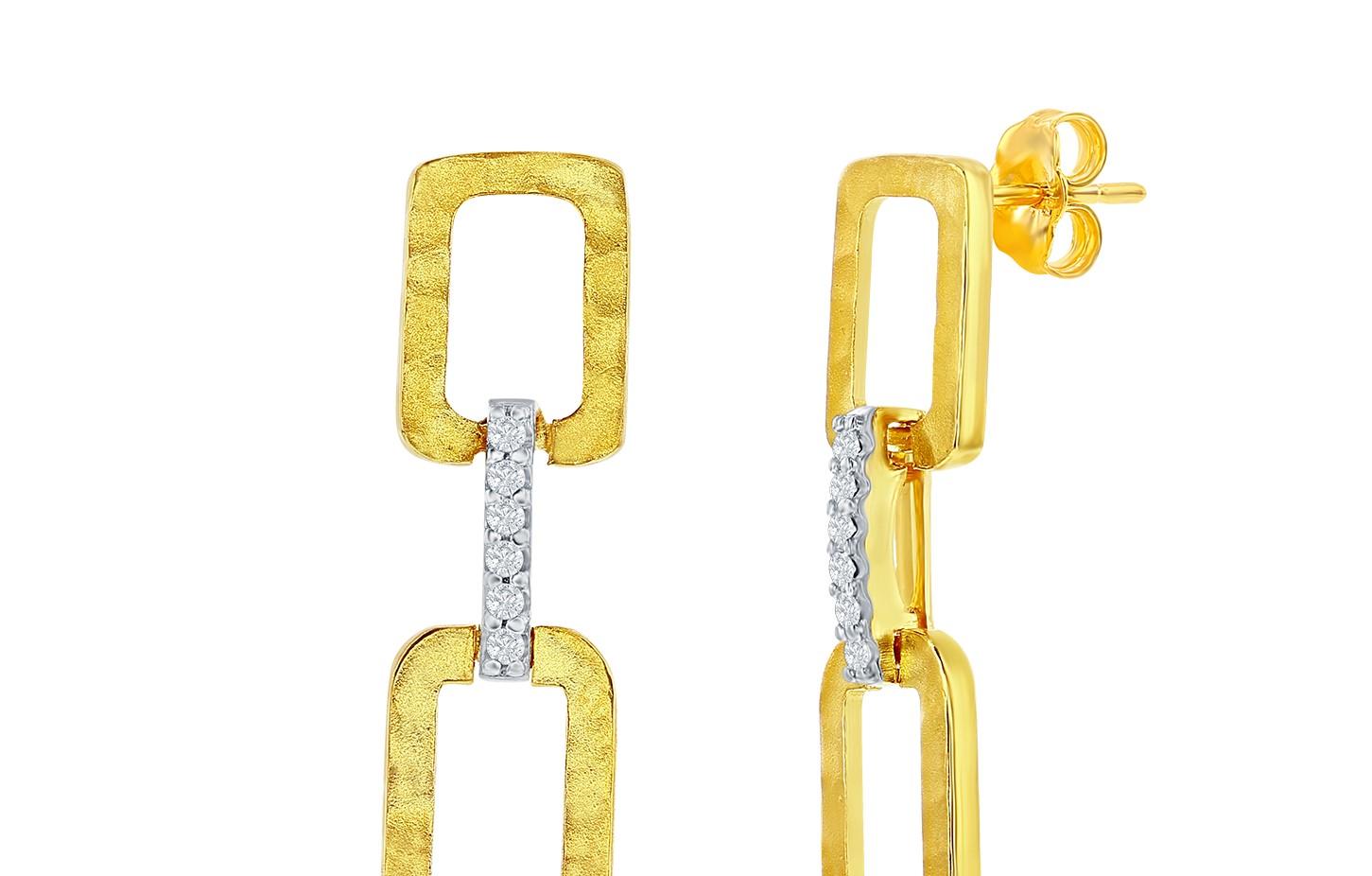 Round Cut Hand-Crafted 14K Yellow Gold Dangling Open Rectangle-Shaped Link Earrings For Sale