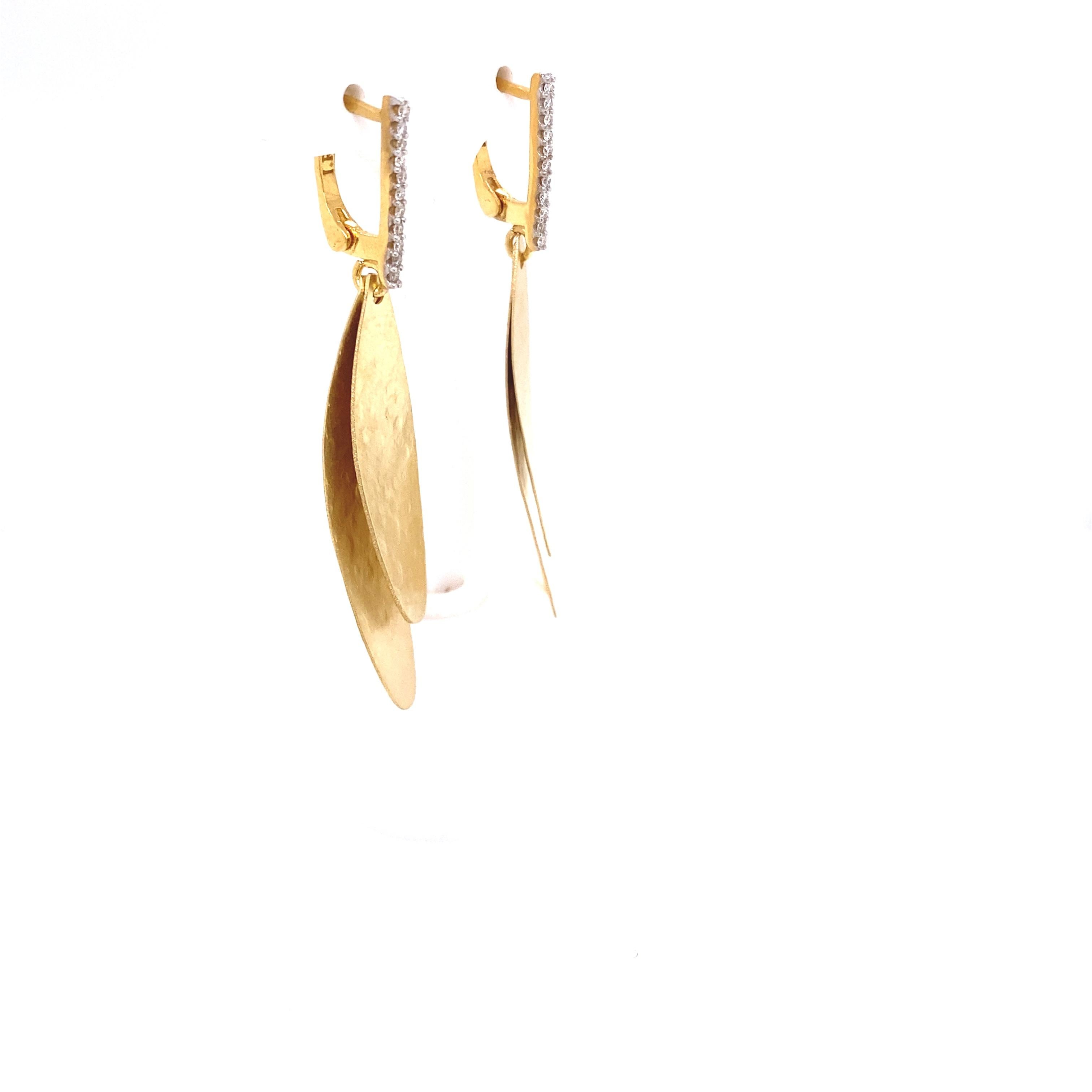 14 Karat Yellow Gold Hand-Crafted Matte and Hammer-Finished Dangling Two-Petal Earrings, Accented with 0.13 Carats of Pave Set Diamond Lever Back Closures.
