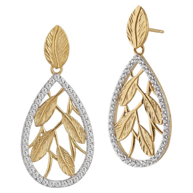 Boucles d'oreilles en or jaune 14 carats en forme de feuille de vigne pendantes, fabriquées à la main