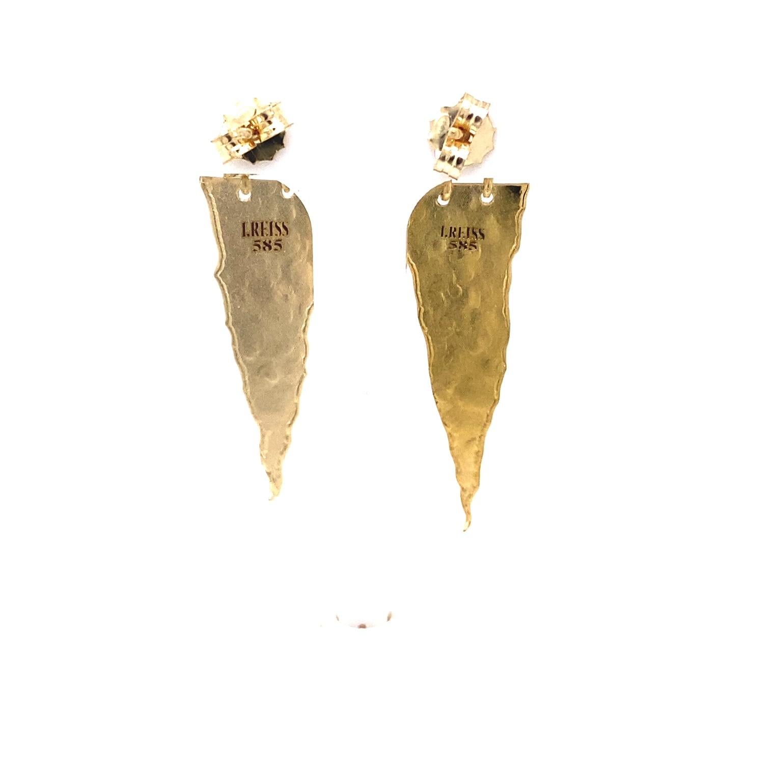 14 Karat Yellow Gold Matte  and Hammer-Finished Dangling Triangle Earrings, Accented with 0.18 Carats of Diamond Triangles and Set with a Post Closure.
