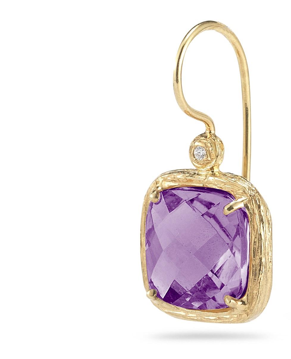14 Karat Yellow Gold Hand-Crafted Polish-Finished 10mm Checkerboard-Cut Cushion-Shaped Amethyst Semi-Precious Color Stone Drop Earrings, Accented with 0.04 Carats of Bezel Set Diamonds. Gemstone TCW: 7CT.
