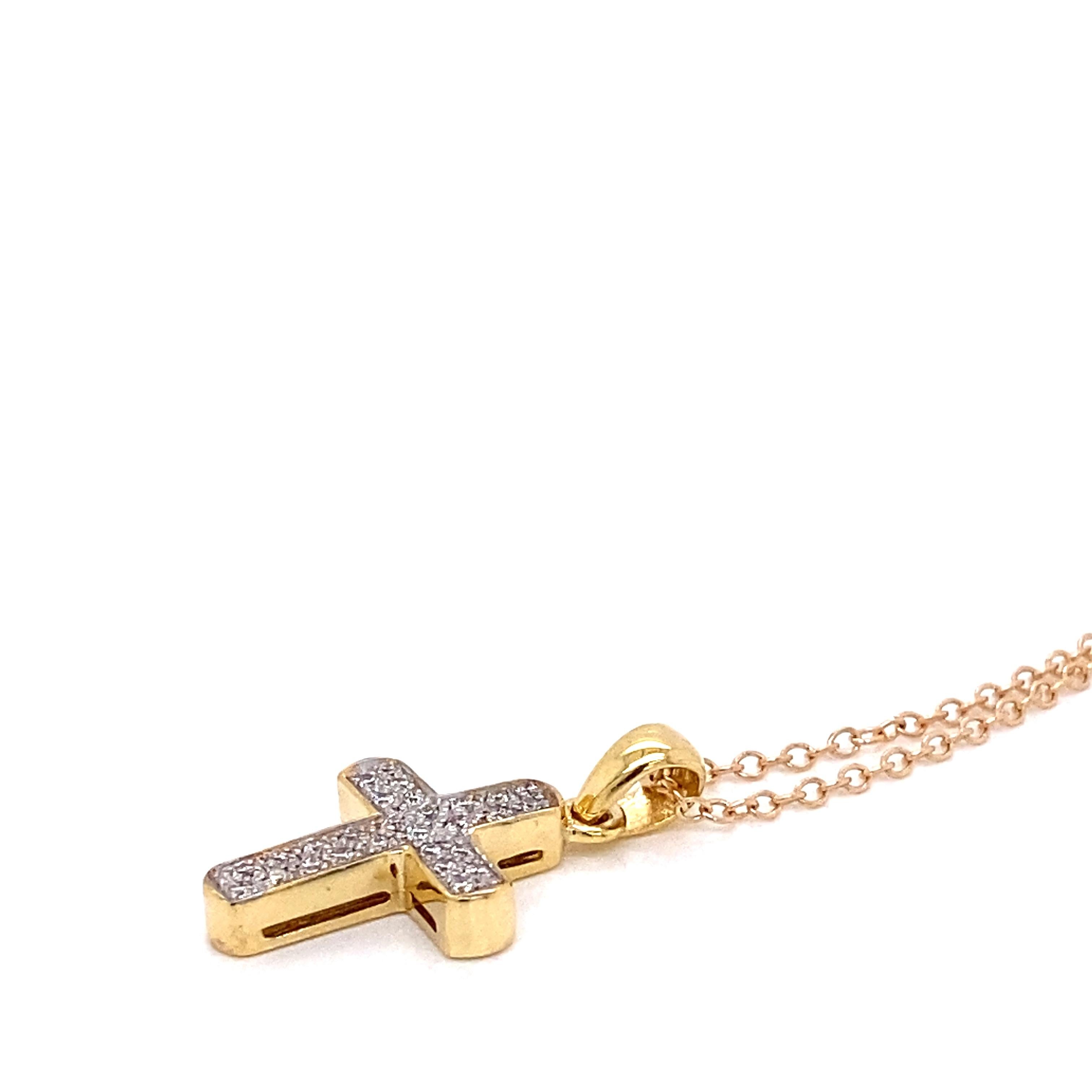 14 Karat Yellow Gold Hand-Crafted Polish-Finished Diamond Cross Pendant, Accented with 0.14 Carats of Pave Set Diamonds, Sliding on a 16