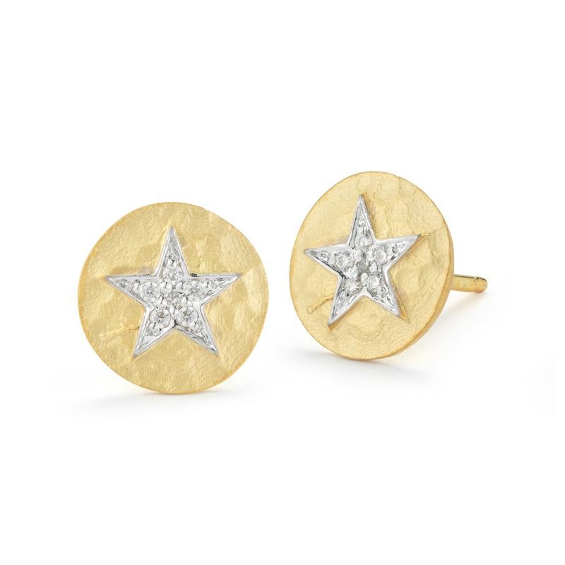 14 Karat Yellow Gold Matte and Hammer-Finished Stud Earrings, Accented with 0.06 Carats of Pave Set Diamond Stars.
