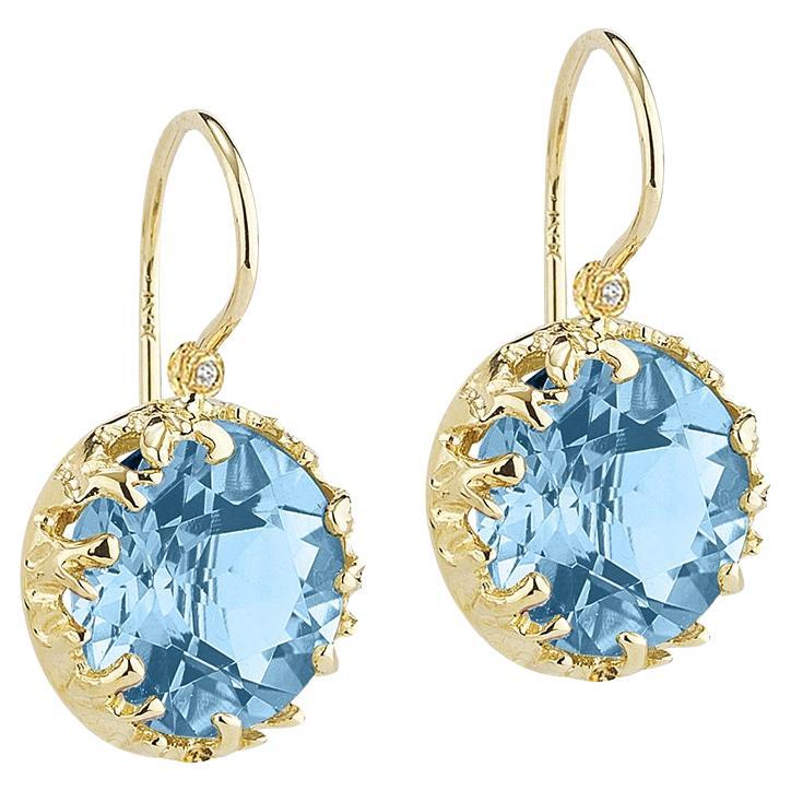 Handcrafted 14k Yellow Gold Drop Blue Topaz Color Stone Earrings For Sale