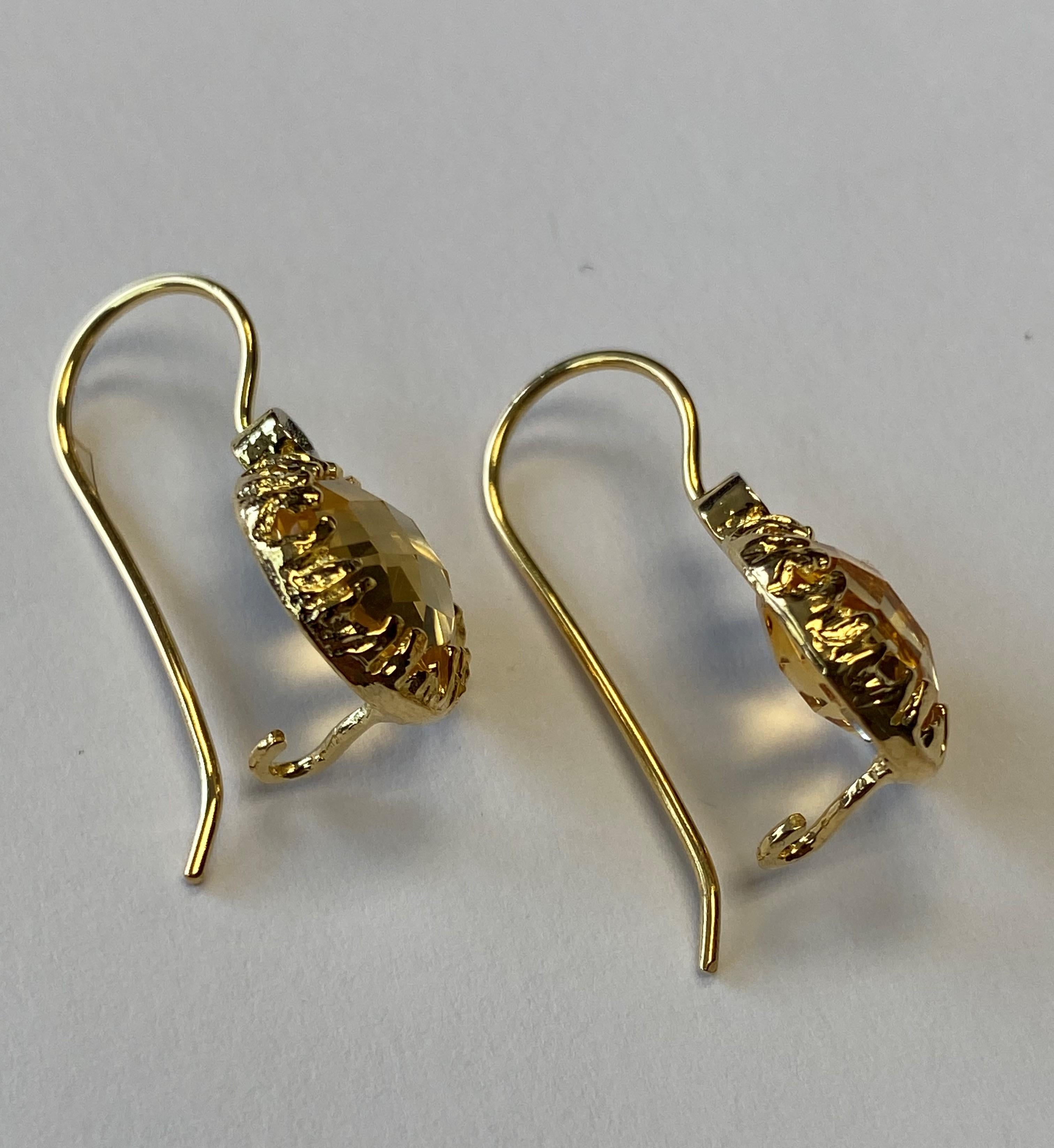 14 Karat Yellow Gold Hand-Crafted Polish-Finished Drop Earrings, Centered with a 10mm 6.7CT Round Checkerboard-Cut Semi-Precious Citrine Color Stone, Accented with 0.03 Carats of Bezel Set Diamonds on a Kidney Wire Back Finding
